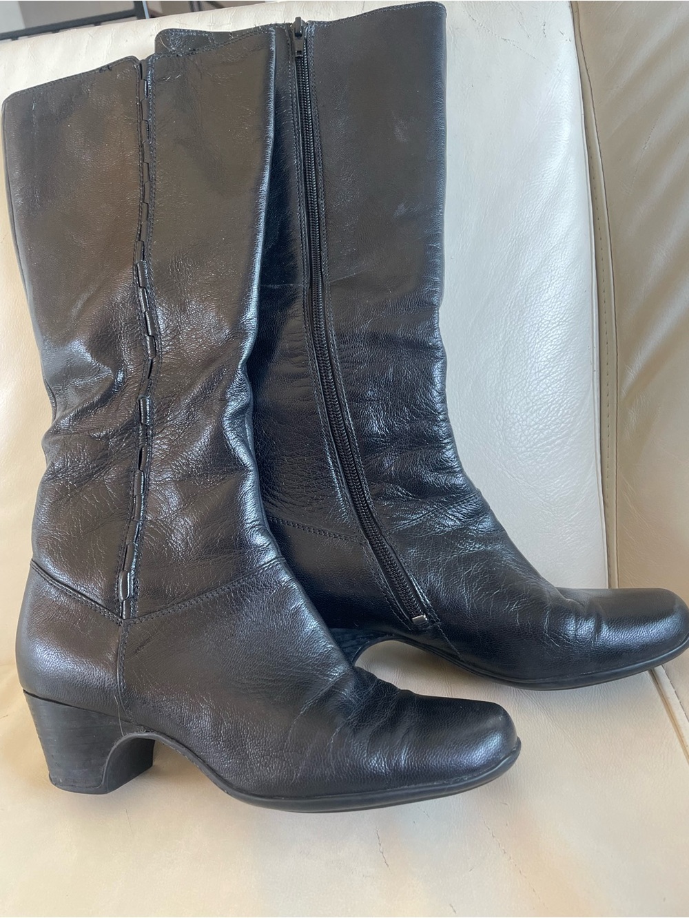 Clarks Black Leather Top-Calf Heeled Boots unique subtle elegant woven details!